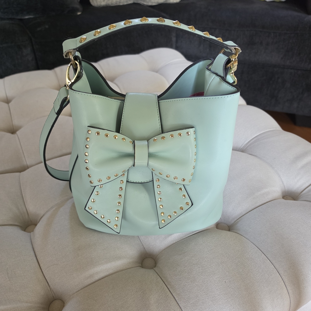 Betsey Johnson Mint Green Bow Studded Bucket Shoulder Bag